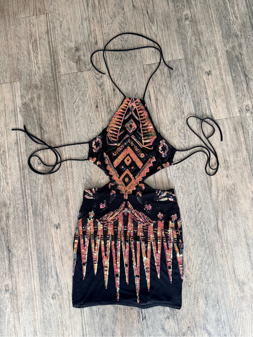 Black Sequin Cutout Bodycon Dress with Copper Geometric Embellishment